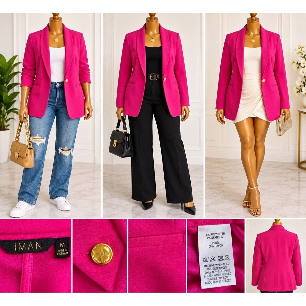 IMAN Global Chic Women's M Hot Pink Fuchsia Longline Blazer Gold Button Shawl